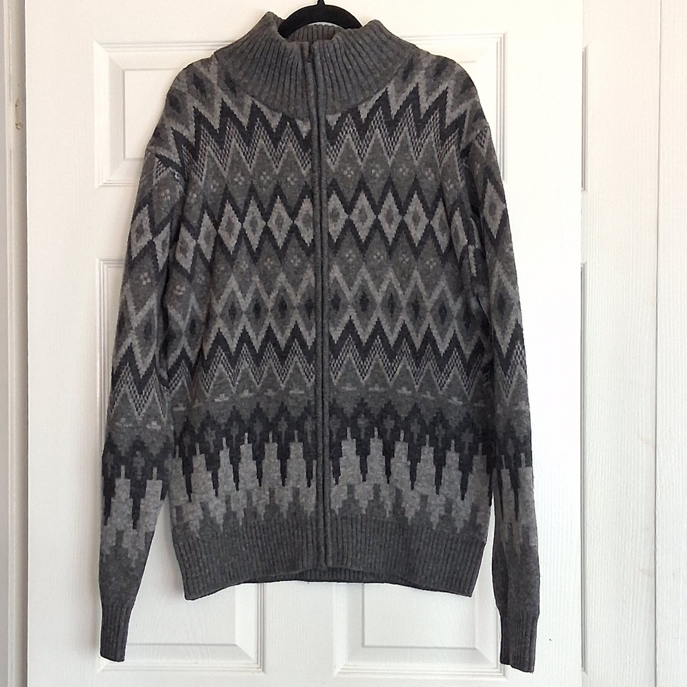 Stetson Gray Multicolor Wool Blend Aztec Full Zip Mock Neck Cardigan Swester